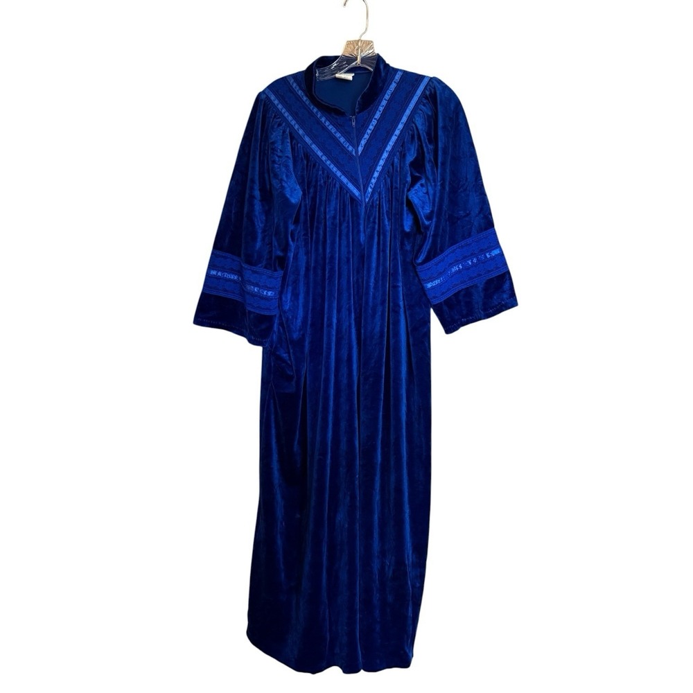 Miss Elaine Blue Velour Front Zip 3/4 Sleeve Robe Womens Medium 12/14 Vintage US